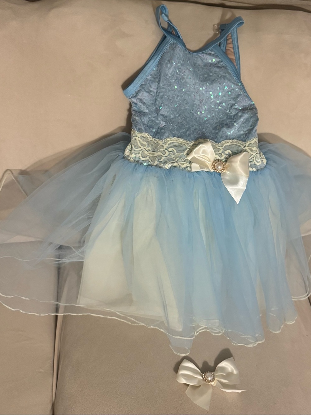 Light Blue Tulle Dance Costume Dress with Pearl Bow